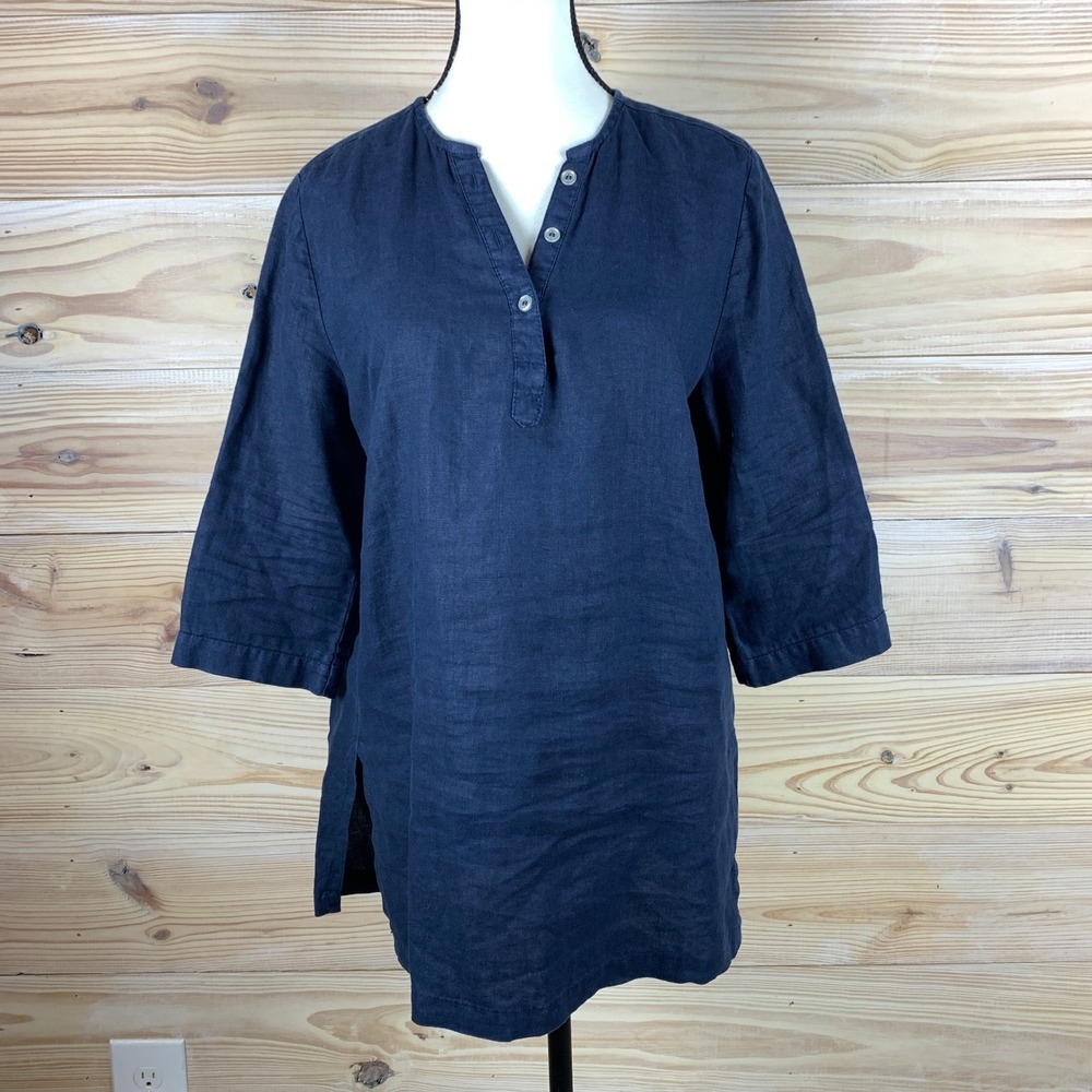 Lulu-B Linen Tunic Top Women Medium Navy Blue Henley Lagenlook Coastal Resort